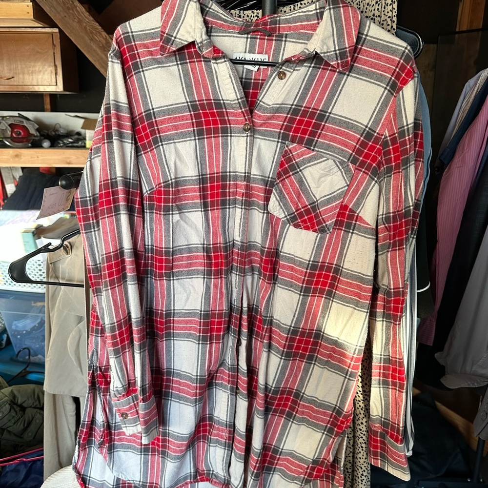 Ava & Viv Red, White and Gray Plaid Button-Up Shirt